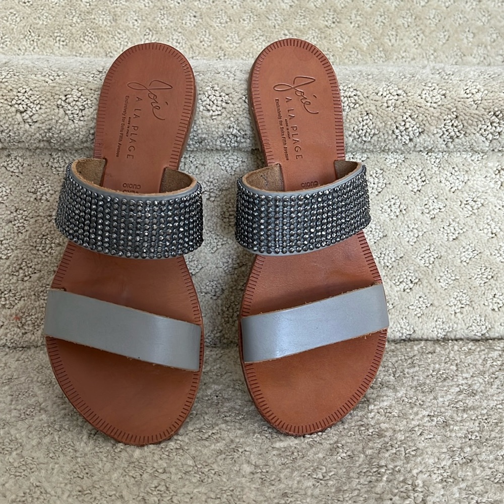 Joie La Plage leather/crystal slip-on Sandals, Size 37, made in Italy for Saks